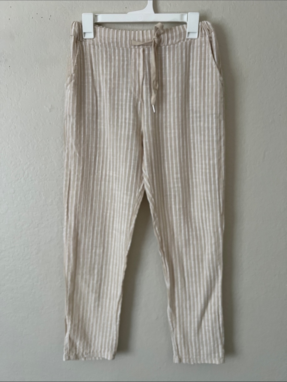 Like New! Made in Italy 100% Cotton Beige Stripe Drawstring Pants M